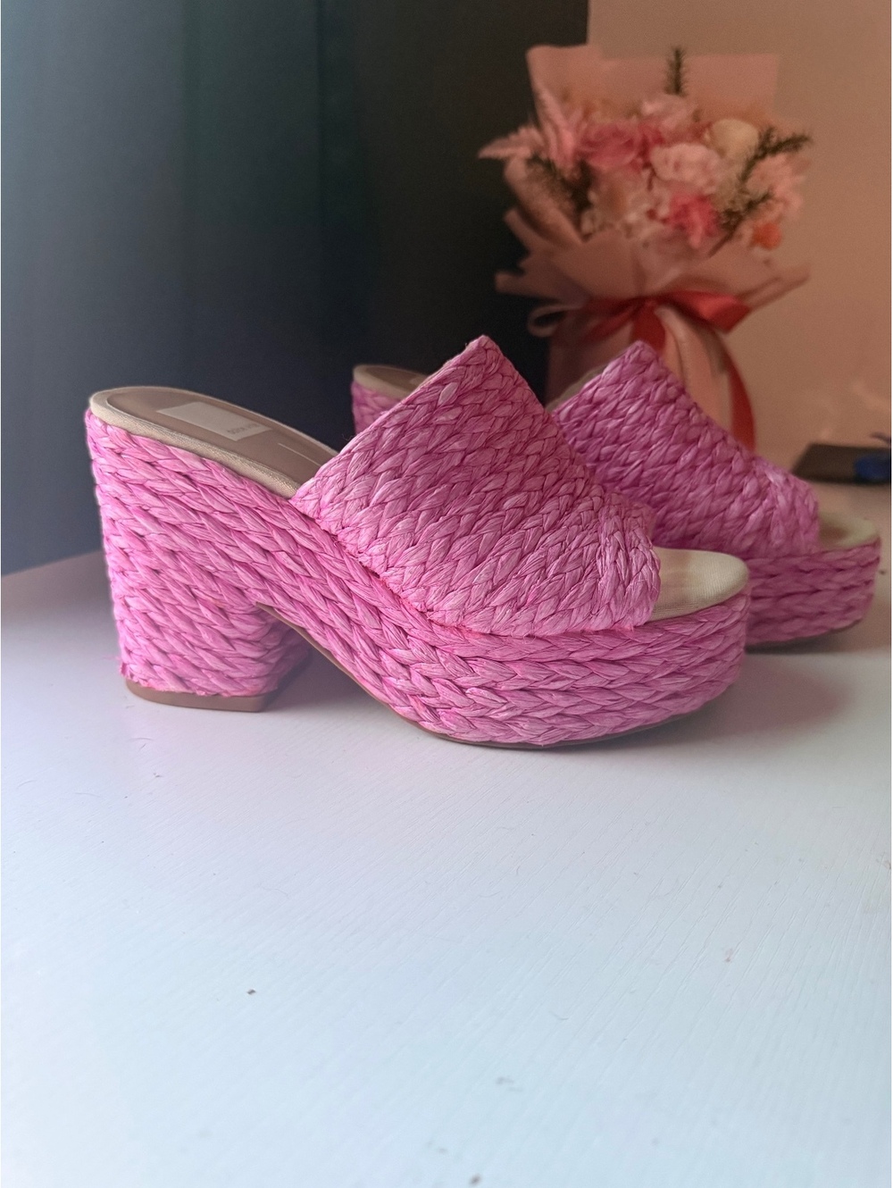 Dolce Vita Pink Raffia Platform Mules Size 7.5 Woven Block Heel Sandals